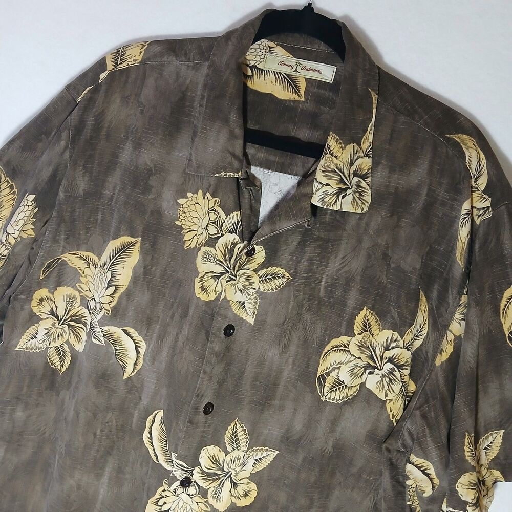 Tommy Bahama 100% Silk Men's Large Tropical Shirt Brown Floral Vacation #806